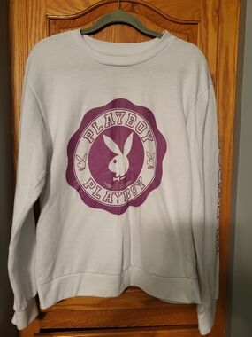 Playboy Women's Size Small White And Pink Long Sleeve Pullover Sweatshirt